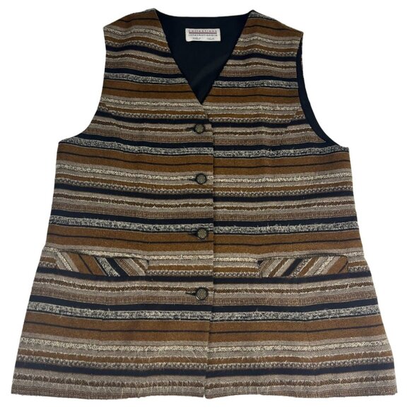 Collections International Wool Blend Striped Vest Women's Sz 12 Brown Button Up - Picture 1 of 7